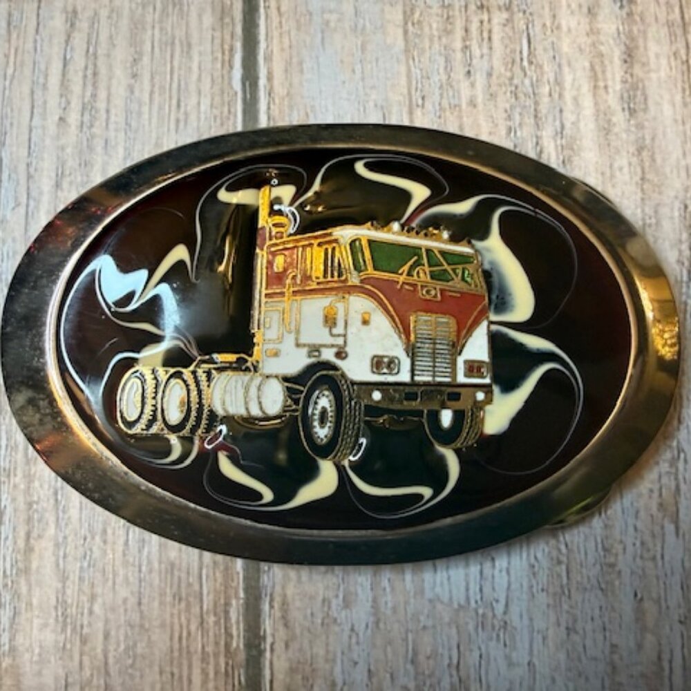 Vintage NOS Peterbilt Semi Truck Epoxy Belt Buckle 1980s Western Biker
